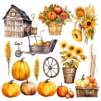 Set of autumn farm elements and products isolated on white background.Hand-drawn farmhouse collection. Watercolor collection of pumpkin,sunflower, rustic wheelbarrow, signpost,hay, basket,watering can. Clip art delicate colours