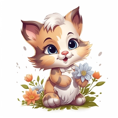 baby kitten playing with flowers, disney cartoon style, isolated white background, clipart