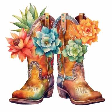 Develop a captivating watercolor clipart illustration on a white isolated background vector, featuring exquisitely painted leather cowboy boots adorned with vibrant floral motifs, enhanced by an enchanting arrangement of cactus and succulents. Emulate the artistic style of Angela Fehr, a renowned watercolor artist known for her loose and fluid approach, to capture the organic textures and rich color variations of the botanical elements, creating a lively and visually engaging composition.