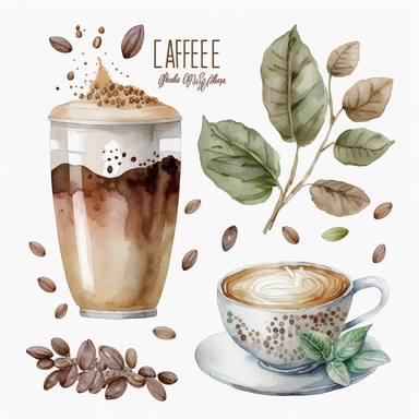 watercolor coffee beans and cafe latte clip art