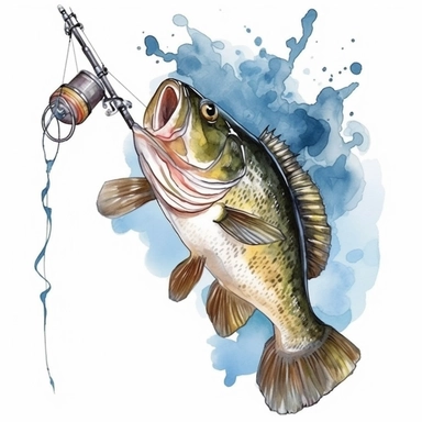fishing rod And Bass Fish Watercolor Sublimation Clipart,Cartoon,hyper realistic, intricate detail, illustration style,high solution,on the white background