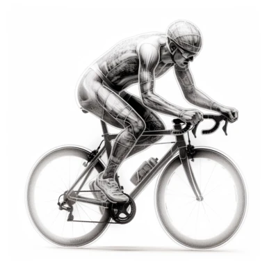 portrait of a x-ray cyclist clipart bicycle cyclist, black and white, x-ray vision, bones and muscles, streamlined forms, white background, performance, lively action poses, precision and detail-oriented
