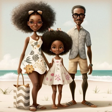 Happy Black Girl and her mom and dad Smiling at the beach ib sag harbor art,black girlsclipart, Funny black girl , Cheerful african american girl child png, clipart, afro ,Full body with legs , Cottage core , preppy , Highly detailed close-up portrait , s