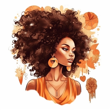 Natural Hair Beauty: Design a clip art featuring an Afro-Caribbean woman embracing her natural hair, showcasing its versatility and beauty. Include various hairstyles such as afros, braids, twists, or locs, celebrating the diversity of Black hair.