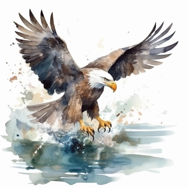 Eagle Flying with holding Fish over a lake , watercolor Clipart,Isolated