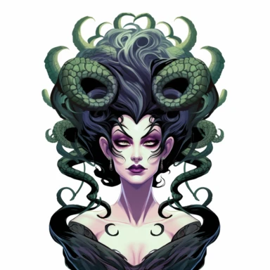 2d thick-lined disney clipart illustration of the head of medusa with snakes, white background