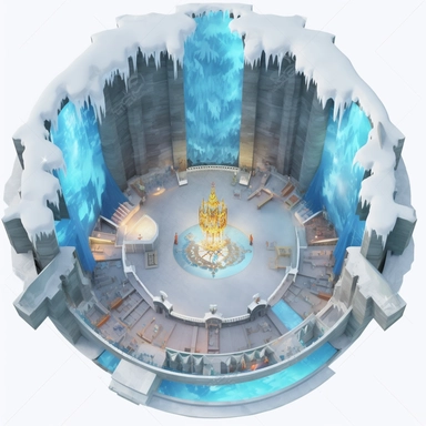 inside of the frozen animation castle ,ice snow castle inside in castle, top view, circle format, clipart
