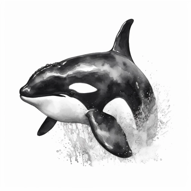 Graceful black and white orca whale, watercolor, clipart, on isolated on white background.
