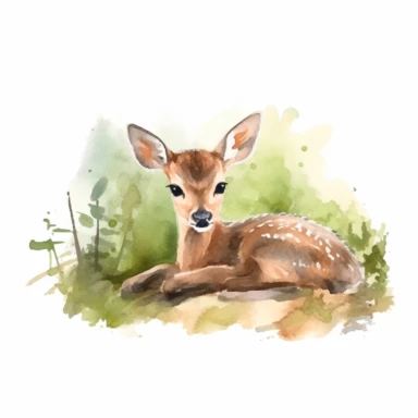 Generate a caricature watercolor-style clipart of a charming baby deer lying on its side with its hind legs close to its face, set against a blurred forest backdrop. The baby deer is marked by its endearingly large head and oversized, expressive eyes that shimmer with innocence. Its fur is a blend of light brown, with delicate white spots distributed across its body. The caricature style underscores the deer's youthful appeal, focusing on its large eyes filled with a blend of tranquility and cur
