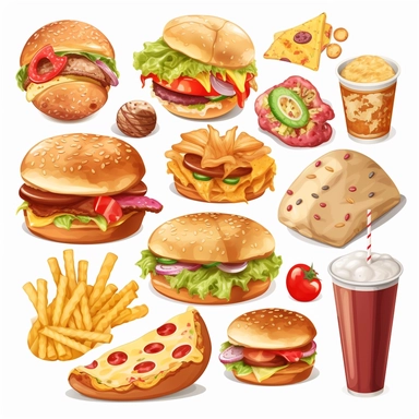 fastfood, clipart set, pizza, donut, hot dog, hamburger, cheeseburger, ice cream, popcorn, isolated on white background
