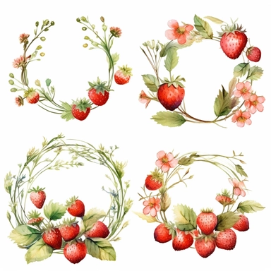 Watercolor clipart, beautiful wreaths with delicious strawberries, strawberries with leaves and flowers, summer, fresh, watercolor paints, isolated objects on white background, digitally rich, beautiful combination, high quality, 8K-Q2-S750