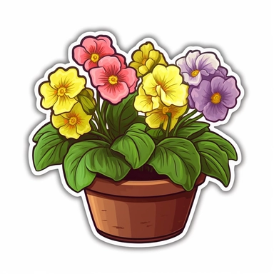 Isometric Sticker Clip Art of Primroses, Primula Flower, in flower Pot, children friendly, illustrated in a realistic style, perfect for any special occasion, cut out in the shape of Primroses, with no visible background, giving it the appearance of a sticker, conveying a mystical and whimsical mood, edited with Adobe Photoshop to adjust brightness and contrast, rendered as a transparent PNG file with a high resolution to ensure a crisp and clear image with no pixelation, suitable for various ap