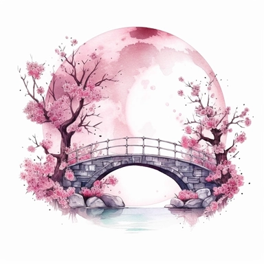 clipart, isolated on white background, Watercolor spring sakura and moon and bridge, ornated, pastel colors