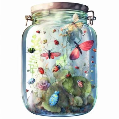 fantasy illustration, glass jar with batterflies and ladybirds, watercolor clipart style, no letters, vibrant colors