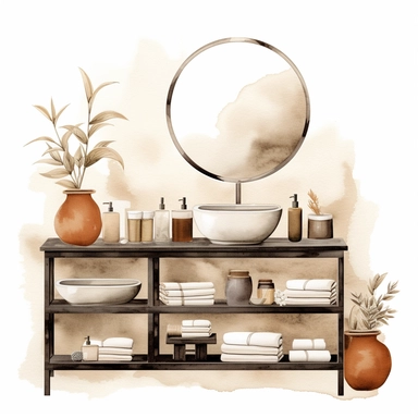 watercolor clip art style japandi bathroom furniture objects, beige, brown and white, white concrete background