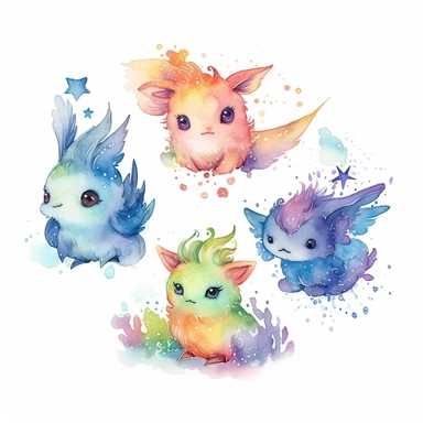 watercolor clipart of 5 cute little fantasy creatures with different features and from different perspectives, vibrant pastel colors, stars, magical, mystical, high quality watercolor image on white background
