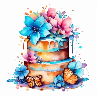 clipart, isolated on white background, Watercolor cake with flowers, cyan colored, ornated, vivid and vibrant and saturated colors