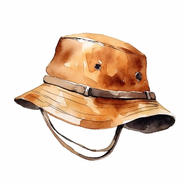 plain brown bucket hat, white background, in watercolor style clipart