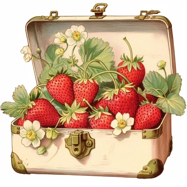 watercolor vintage style strawberries and flowers in a case clipart, strawberries and flowers in a case, strawberry, vibrant colors, 1960, vintage, watercolor, realistic drawing in storybook illustration, pencil drawing by Angela Barrett, Elsa Beskow, ultrafine detailed, highly detailed, high resolution, 8K, white background