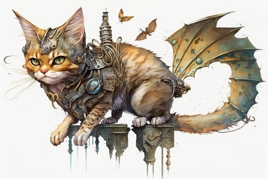 watercolor clipart, A beautiful cat with a steampunk-style mechanical bat on its back, hd, on white background,