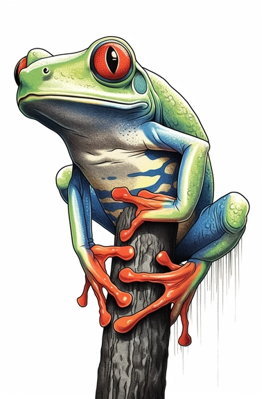 drawing of Red-eyed tree frog, white background, clipart, unicake colors, engraved style, in the style of Ghibli, Pixar, Ukiyo - e, Wabi - sabi,
