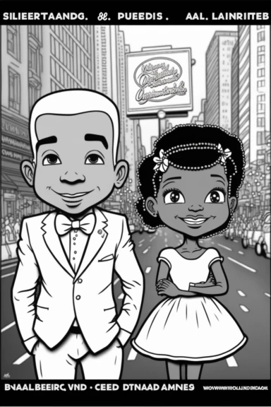 coloring page, cute little African american boy and girl, dressed in tuxedo and long beautiful dress, cartoon style, black line drawing, digital stamp, black and white coloring page, simple line drawing, clipart, digital drawing, smiling, happy, standing on Broadway in NYC in front of a billboard--v 4