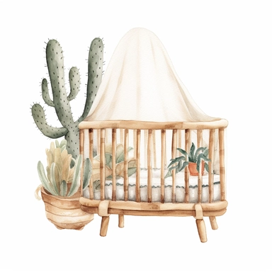 basic watercolor boho nursery crib in minimal hand drawn style, Etsy, textured, clipart, white background
