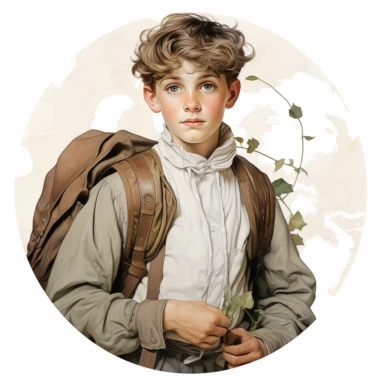 very beautiful boy with schoolbag, vintage, white background, round clipart with pastel color, detailed and lovely Renaissance painting