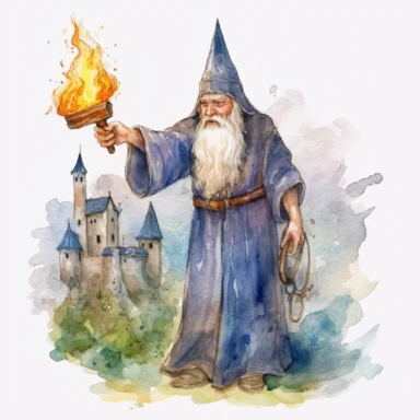 medieval bearded merlin magician casting a spell toward a castle with bright energy around him watercolor clipart no fonts no words no letters