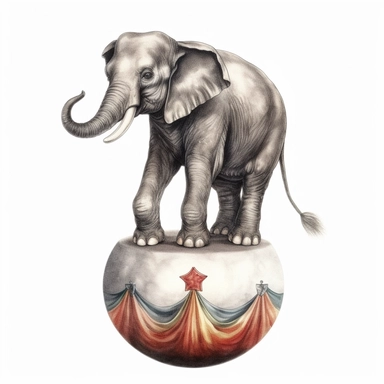 hand drawn vintage circus elephant standing on a ball, glamorous, soft, detailed and realistic, watercolor, clipart style, white background with margins
