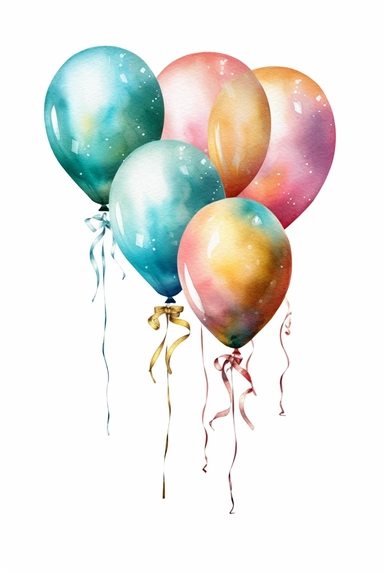 6 different watercolor balloon bundles tied with ribbons, clipart, hd, isolated, spaced out, on white background,