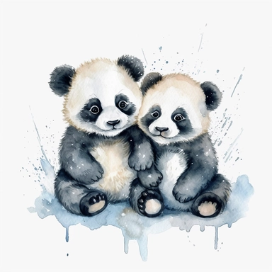 watercolor clipart image of 2 happy looking baby pandas, disney style, white background, no shading, clear outlines