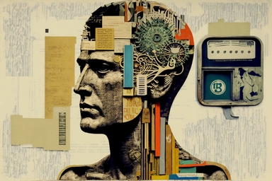 mind and machine, brain, Scams, Frauds, Truth, Lies, collage art by Alex Lorenzo, monet, in the shape of a computer screen, behance contest winner, eclectic, maximalist, mixed media, modern art, eclectic elements, fragments of paper, magazine clippings, found objects, a fusion of different textures, materials and patterns, layered, hd image on behance, featured on behance, collage, unique, modern art hyper realistic photography portrait, High resolution, 8k detail, 8k resolution, hyper detailed,