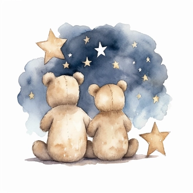 hand drawn pair of teddy bears back facing sitting together looking up at the night sky and the moon and stars, for a nursery, celestial accents, pastel shades, glamorous, watercolor, white background with margins, clipart style