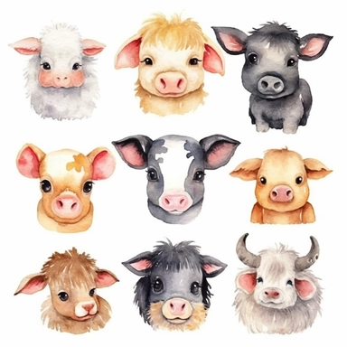 cute farm animals, watercolor clipart, big eyes, smiling, kawaii style