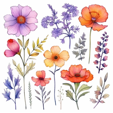 atercolor, handpainted floral clipart, transparent background, 6 elements evenly spaced out by 1 inches