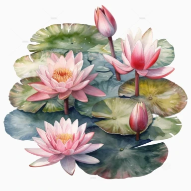 watercolor, Lily Pads and pink lillies, isolated on white, Clipart