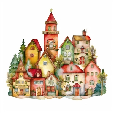 watercolor clipart of Christmas village, red green gold colors, isolated on white background