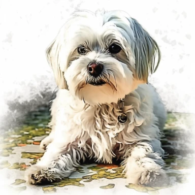 a cute maltese dog lying clipart on a white background, birds wiew, style fusion, Serene, Arcade, Funky Seasons, full body, Texturing, Faded, Digital painting, olive colors, Dreamlike, hard lighting, Highly detailed, high quality