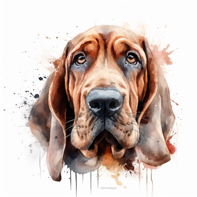 cute Bloodhound dog portrait, full face, centered shot, side shot, dynamically posed, in action, playful mood, happy mood, playing mood, cute face, adorable smile, childlike eyes, clean watercolor illustration, white background, nursery baby imagery, painting, detailed, 8k, PNG, clipart,