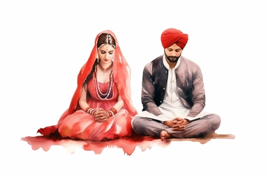 Watercolor punjabi groom and bride in white and red big dress sitting on the ground and praying during wedding ceremony clipart illustration on white background