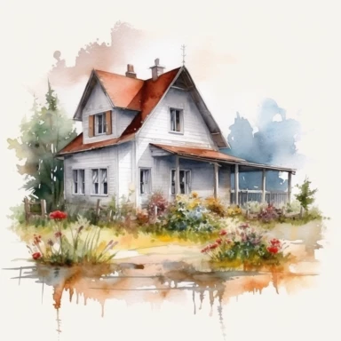 beautiful rustic watercolor farmhouse in the summer, clipart, digital art, concept, 4k