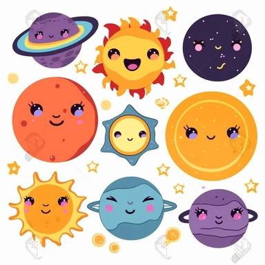 Solar system clipart perfect clean lines, detail face planets vector graphics, Space clipart, high quality kawaii png clip art on a white background