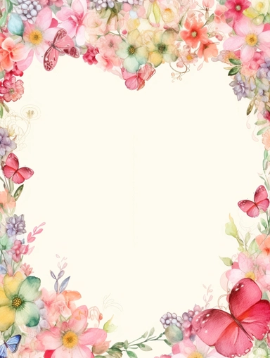 frame for poster, narrow vignette along the sides and the corners of the picture, little cute wild bright clipart flowers like hearts vignette, soff pastel blank center of the picture,