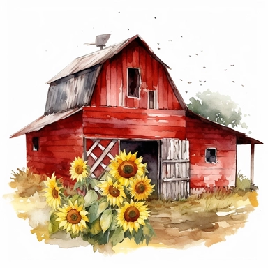 a watercolor of a sunflower barn scenery, cherry academy style, cherry red nuances, vector free clipart illustration, in the style of unreal engine 5, 32k uhd, detailed features, white background