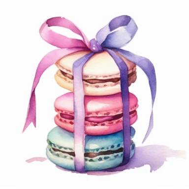 Macaroons with bow, pastel colors, light watercolor, few details, dreamy, Studio Ghibli, clipart, white background