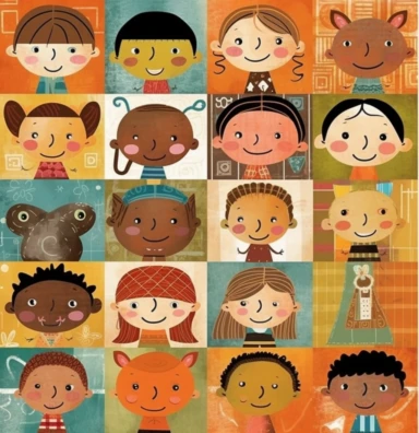 kids clipart clip art image, in the style of grid-based, joyful chaos, nul group, pont-aven school, folk/naïve:, multicultural