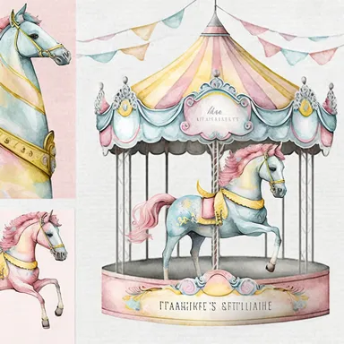pastel pink, blue, yellow carousel horse, banners watercolor clipart