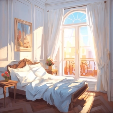 The morning sunlight shines into the window, and there is a bed in the room with oil paintings, White background, Clip Art Style