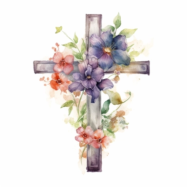 Watercolor sketch of floral cross, natural single design, highlydetailed, clipart style, white background, 8k